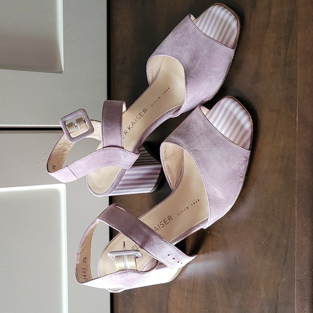 Peter Kaiser lilac suede sandals with striped trim at toes and heels